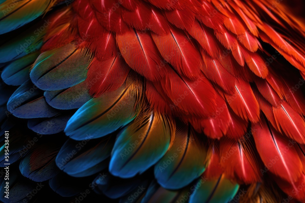 Obraz premium A close-up of a Scarlet Macaw's feathers, showing the intricate patterns and colors of the plumage.