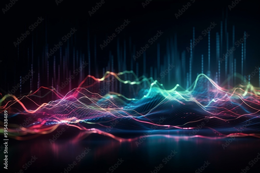 Colorful abstract sound wave lines with blurred blue lines & spotlight. Ideal for music posters. Generative AI