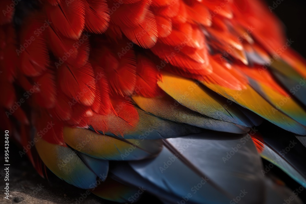 Obraz premium A close-up of a Scarlet Macaw's feathers, showing the intricate patterns and colors of the plumage.