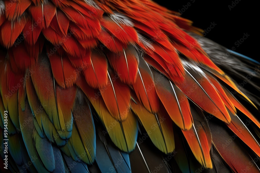 Obraz premium A close-up of a Scarlet Macaw's feathers, showing the intricate patterns and colors of the plumage.