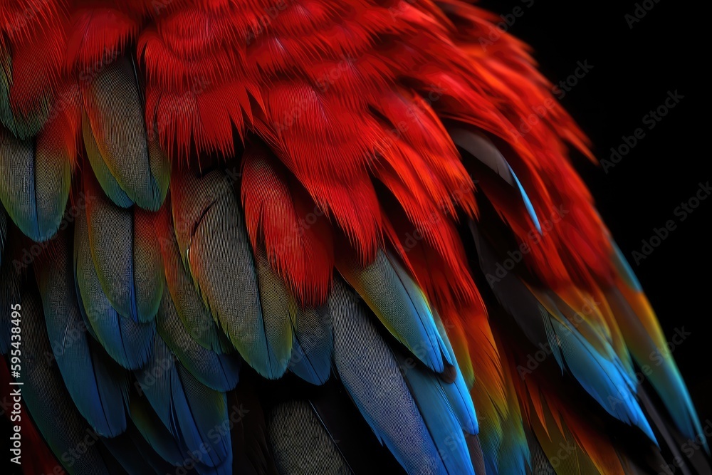 Obraz premium A close-up of a Scarlet Macaw's feathers, showing the intricate patterns and colors of the plumage.