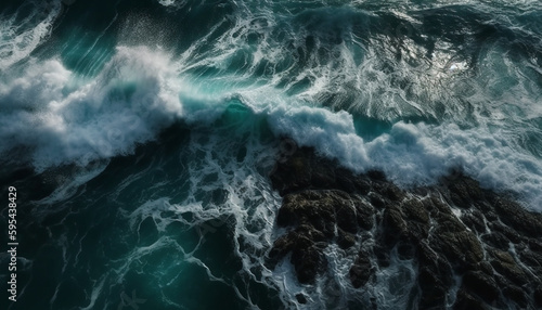 Breaking waves crash on rocky coastline, awe inspiring sunset generated by AI