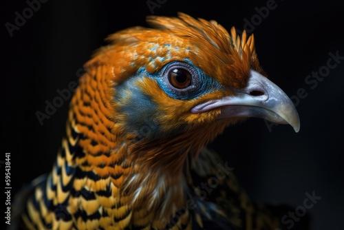 A close-up of a female Golden Pheasant s head  showing its more subdued coloring and distinctive markings.