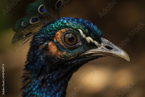 A close-up of a peacock's head, showing its distinctive blue and green coloring and intricate eye markings.