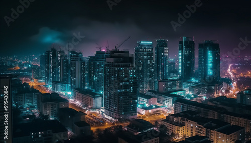 Glowing cityscape at dusk, a futuristic metropolis generated by AI