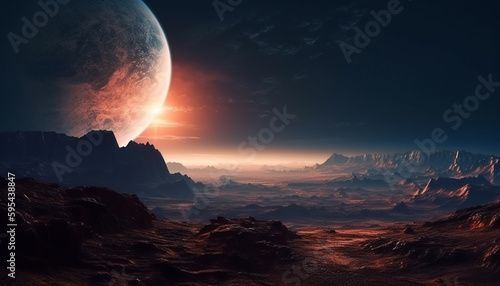 Glowing mountain peak in alien planet landscape generated by AI © Stockgiu