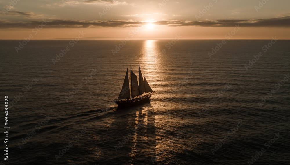 Sailing ship on tranquil sunset water horizon generated by AI
