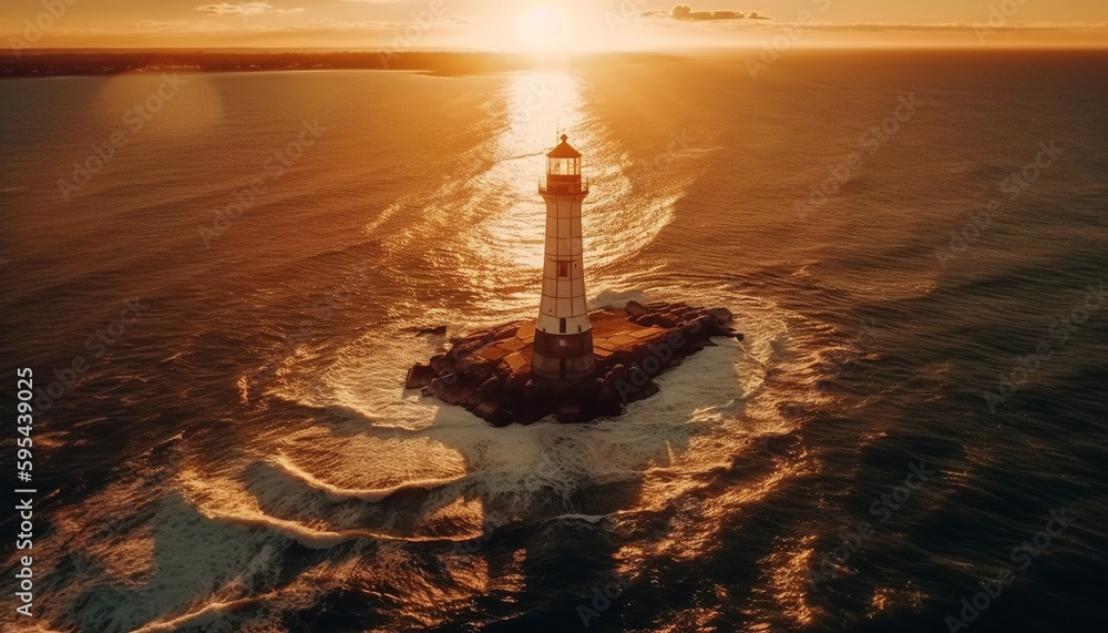 Sunset over famous coastline, water reflects beauty generated by AI