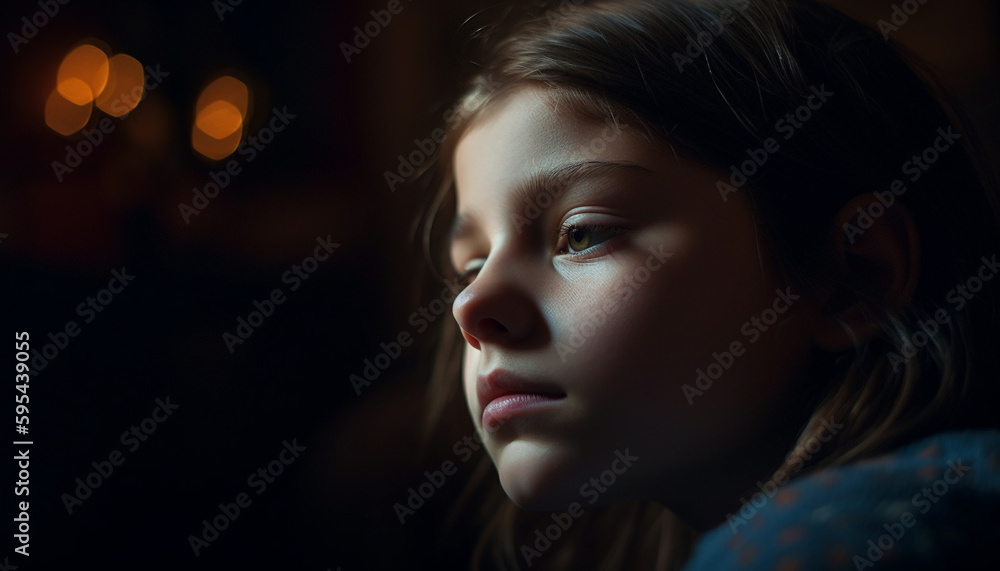 Smiling girl looking up at illuminated window generative AI Smiling girl looking up at illuminated window generative AI
