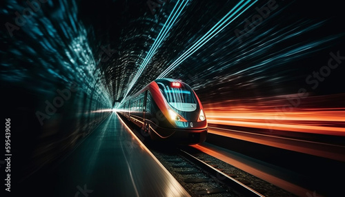 Futuristic transportation on blurred railroad track journey generated by AI