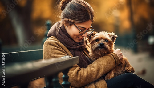 Cute puppy and owner enjoy autumn outdoors together generative AI