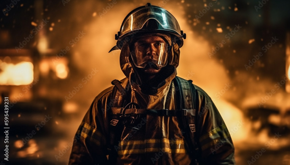 One man, firefighter, working outdoors, flames burning generative AI