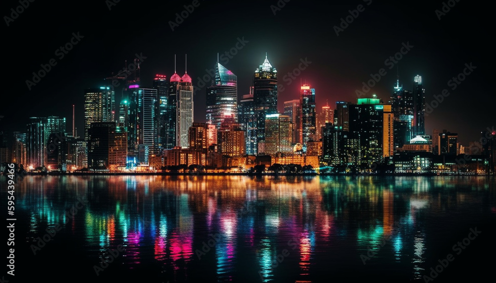 Illuminated city skyline reflects on waterfront at dusk generated by AI
