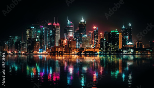 Illuminated city skyline reflects on waterfront at dusk generated by AI