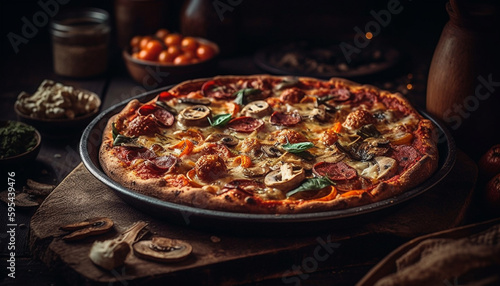 Freshly baked pizza on rustic wooden table generated by AI