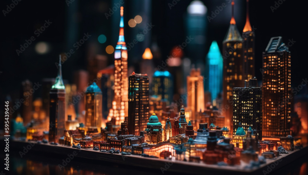 Bright city lights illuminate Lower Manhattan skyline generated by AI