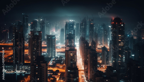 Glowing skyscrapers illuminate the futuristic city skyline at night generated by AI
