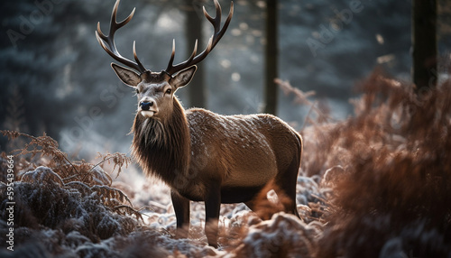 Horned stag standing in snow covered forest generative AI