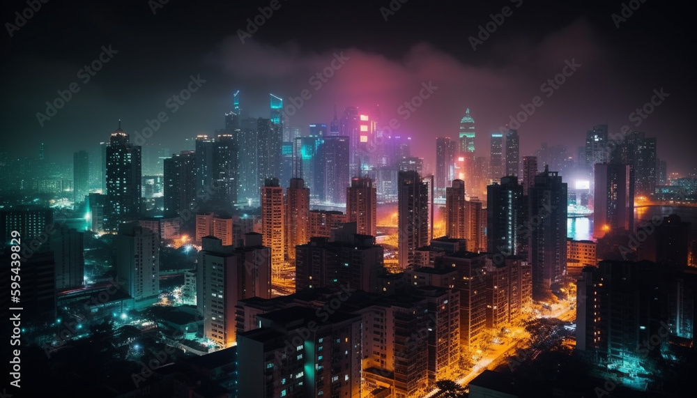 Glowing skyscrapers illuminate the crowded city landscape below generated by AI