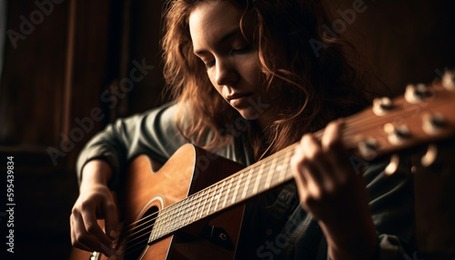 Young woman playing acoustic guitar with concentration generated by AI