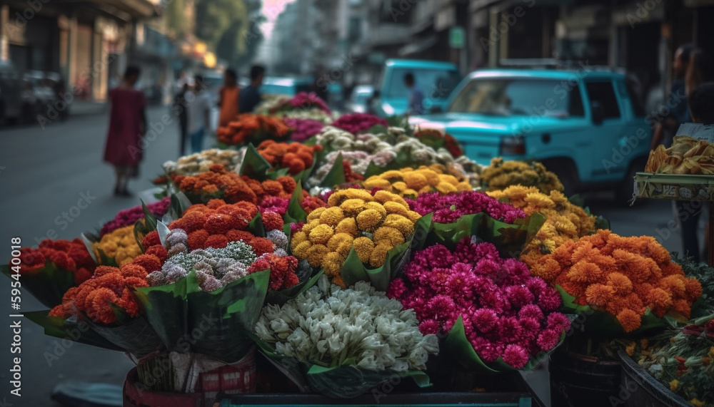 Fresh flowers, fruits, and veggies for sale generated by AI
