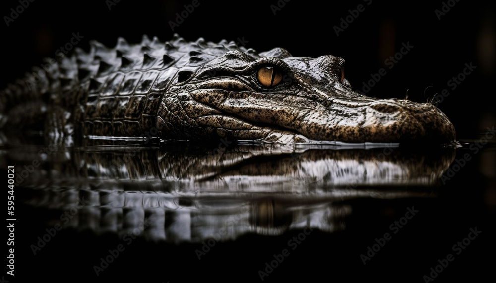 Fototapeta premium Crocodile resting in swamp, danger lurking nearby generative AI