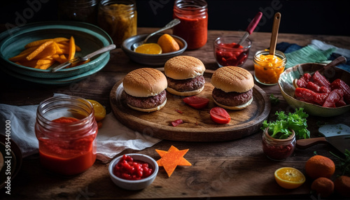 Grilled beef burger with fries and ketchup generated by AI