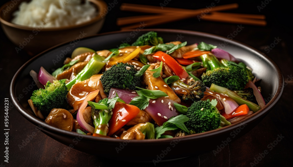 Fresh vegetable stir fry on rustic wooden plate generated by AI