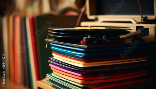 Antique turntable stack, multi colored patterned audio equipment generative AI