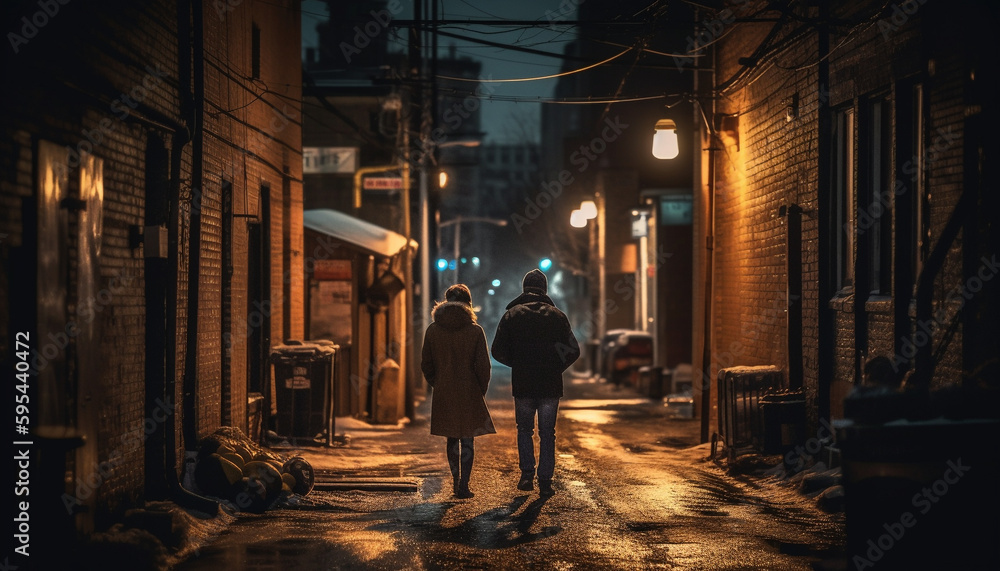 Silhouettes of couples walking in city nightlife generated by AI