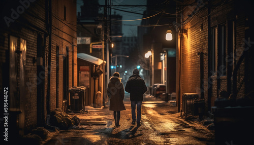 Silhouettes of couples walking in city nightlife generated by AI © Stockgiu