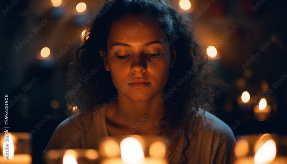 Young women meditating by candlelight in darkness generated by AI Young women meditating by candlelight in darkness generated by AI