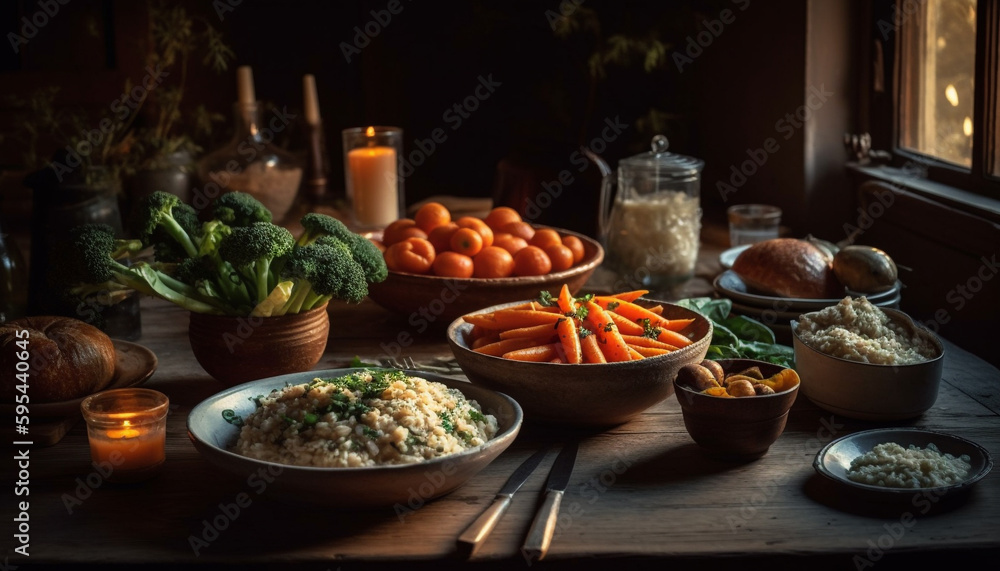Healthy vegetarian meal on rustic wooden table generated by AI
