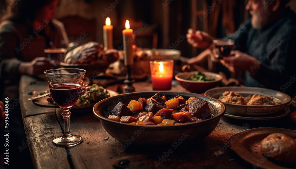 Homemade meal, candlelight, wine rustic celebration indoors generated by AI