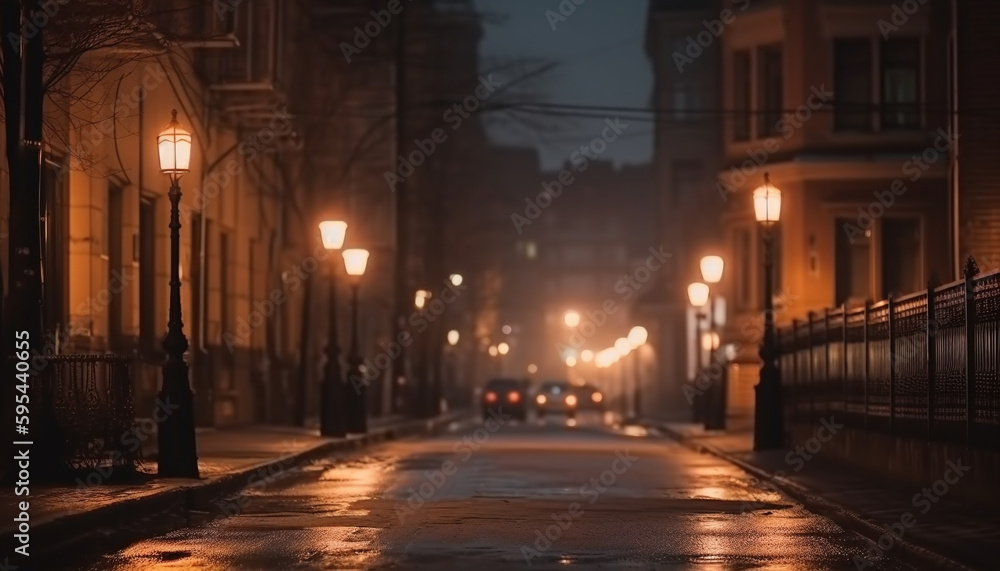 City life illuminated by bright street lights generated by AI