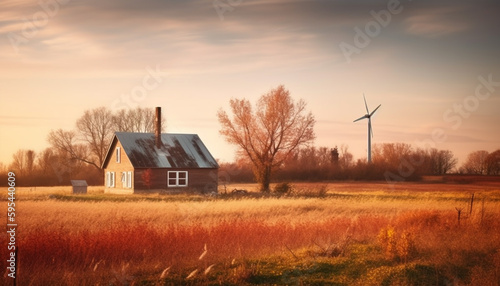Abandoned farm in tranquil winter sunset beauty generated by AI