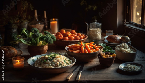 Healthy vegetarian meal on rustic wooden table generated by AI