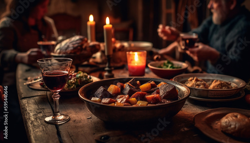 Homemade meal  candlelight  wine rustic celebration indoors generated by AI