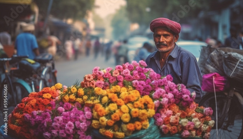 Indian vendor selling flowers in city market generated by AI