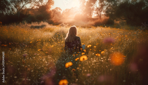 Caucasian woman sitting in tranquil meadow enjoying nature generated by AI #595440681