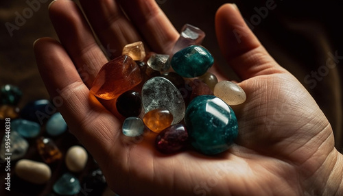 Precious gemstones shine in human hand collection generated by AI