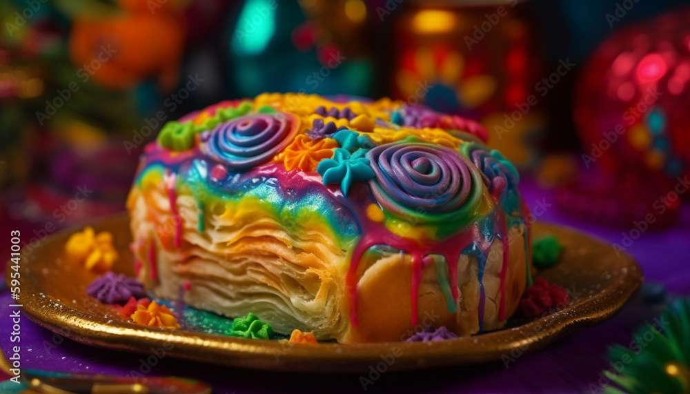 Homemade baked dessert, colorful fruit decoration, sweet joy generative AI