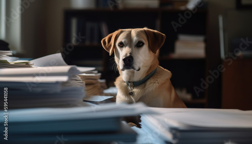 Purebred retriever sitting on desk, looking cute generative AI