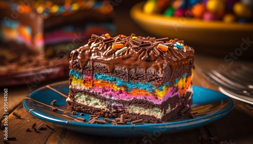 Multi colored chocolate cake slice on wooden plate generated by AI