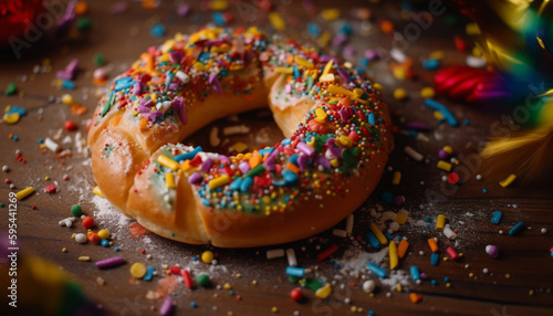 Indulgent donut with confetti icing and sprinkles generated by AI