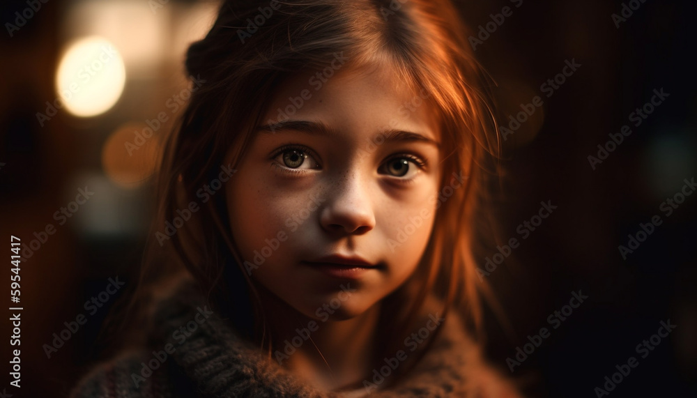 Smiling child with brown hair looking outdoors generated by AI Smiling child with brown hair looking outdoors generated by AI