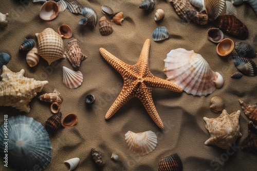 Starfish and shells on sandy surface seen from the top. Generative AI