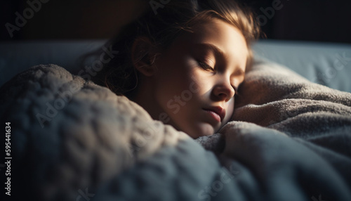 Cute Caucasian child sleeping peacefully in bed generated by AI