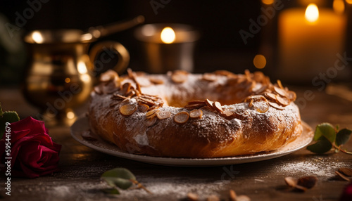 Sweet dessert on rustic wood table with candle generated by AI