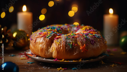 Baked pastry item with chocolate and candle flame generated by AI
